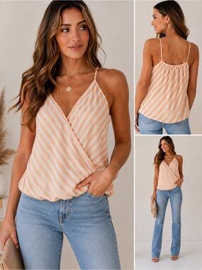 Lime ‘N’ Chili Peach & White Striped Wrap Cami Tank Top Textured Spaghetti Strap